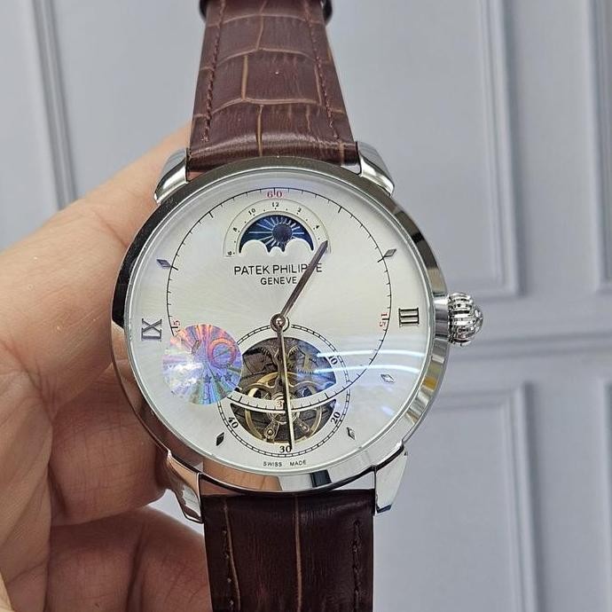 Ready  Jam tangan Automatic PP Calatrava MoonPhase Balance Wheel Leather Stee