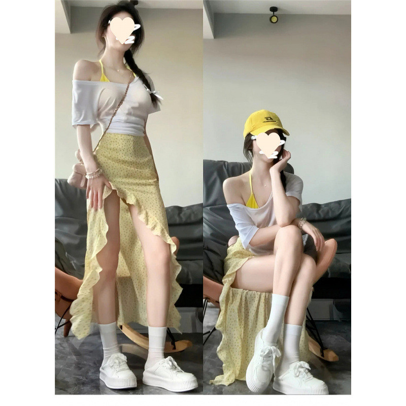 Rok midi bunga kuning elegan baru