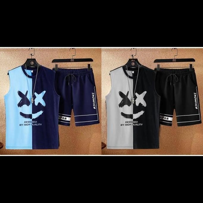 Stelan Kaos Singlet Cowok Mello One Set + Celana Pendek Pria Santai