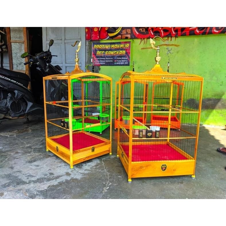 Sangkar Kenari Full Jati No.2 Ruji Fiber Finishing Clear Glass Sangkar Burung Harian Dan Lomba