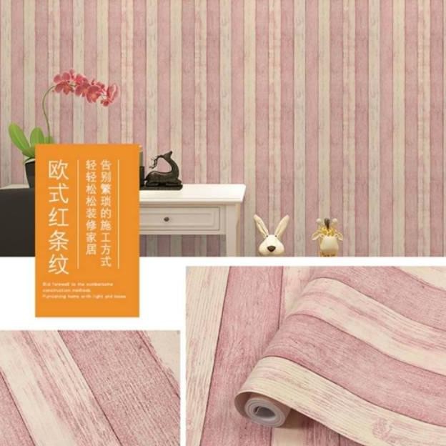PAKET 5 ROLL Wallpaper Stiker Dinding Kayu Rustik Pink Putih Ukuran 45Cm X 10M Wallpaper Rika