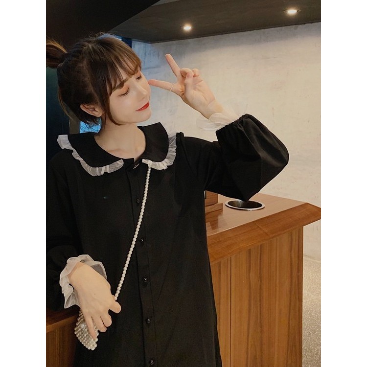 LuneeMuse - Gaun panjang dress kerah boneka hitam gaya korea wanita dres