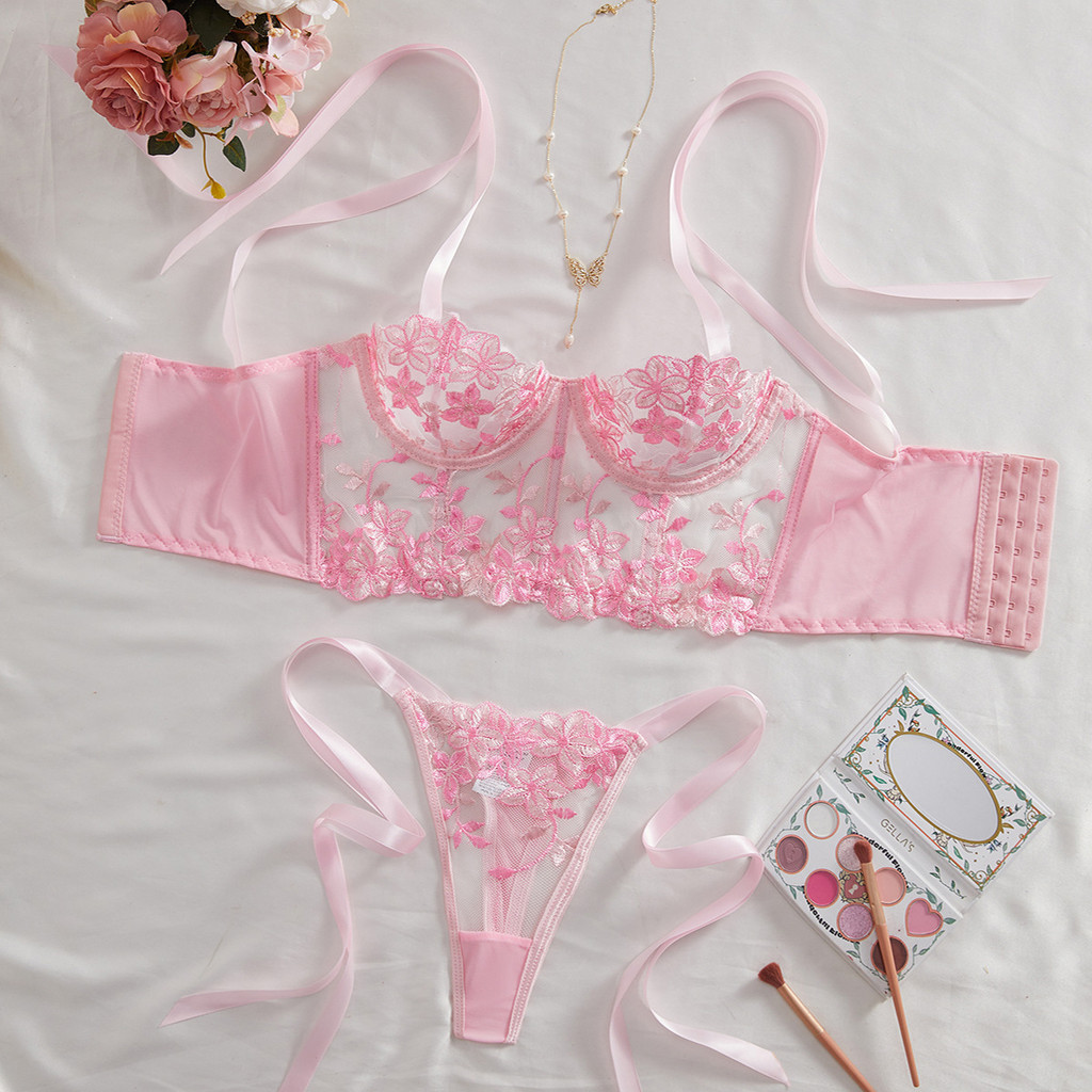Sexy Lingerie Mesh Floral Embroidery Bow Tie Bra and Panties Sexy Panties Set for Women
