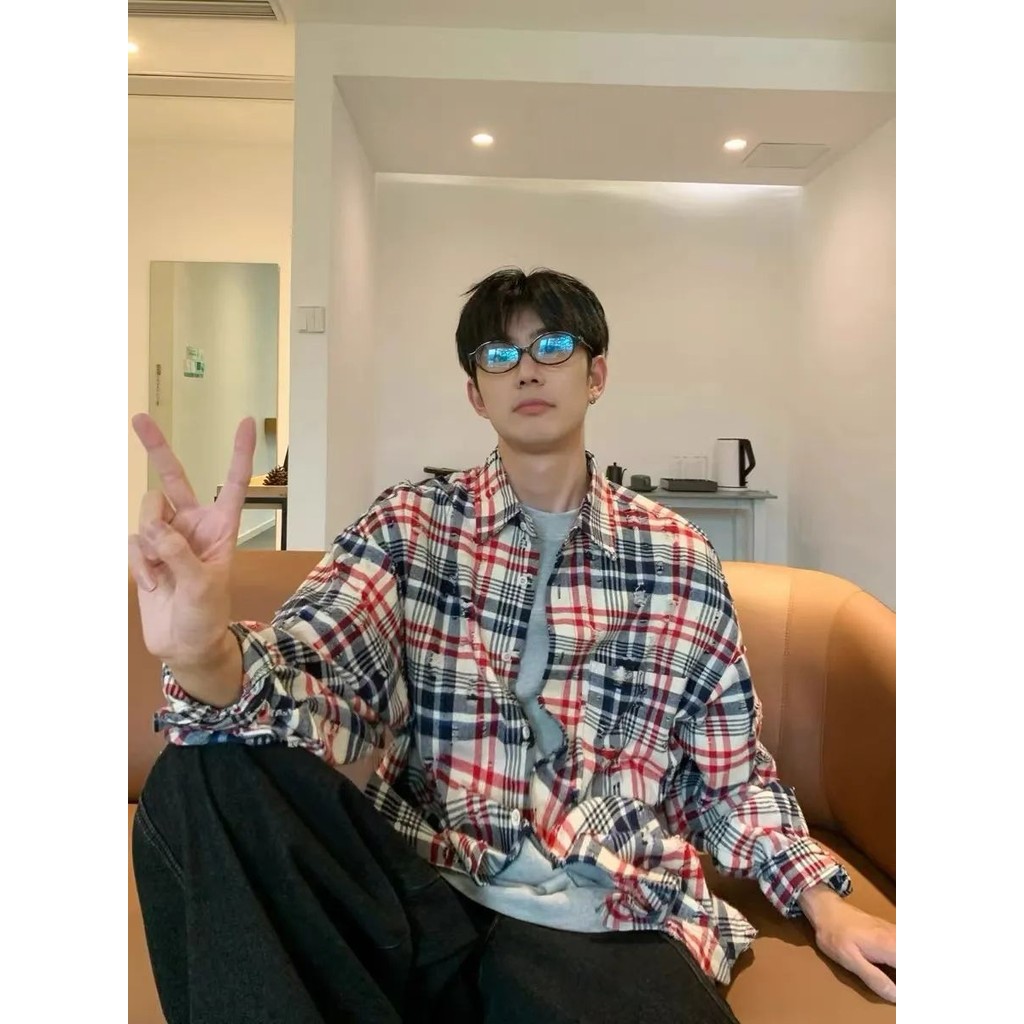 Kemeja Kotak-Kotak Pria Berkualitas Tinggi Merek Baru yang Trendy   Jaket Kemeja Pasangan Santai