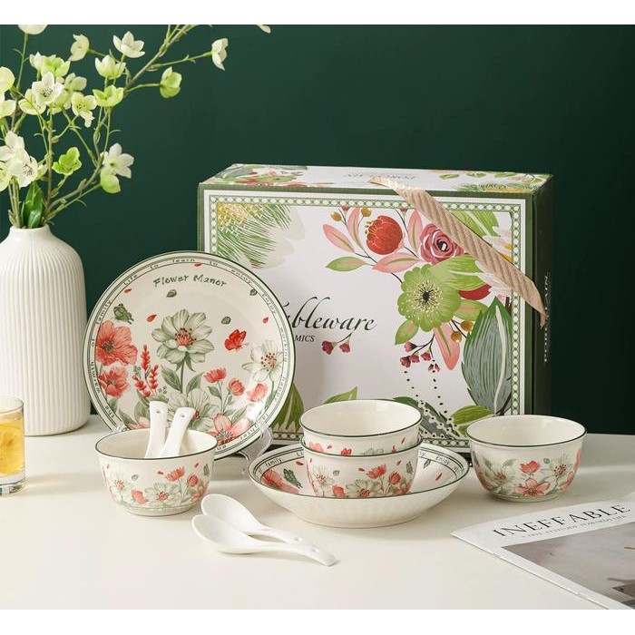 LSS INDOKADO - MANGKOK PIRING SET SENDOK KERAMIK MOTIF BUNGA HIJAU MANGKUK KERAMIK SOUVENIR HAMPERS 
