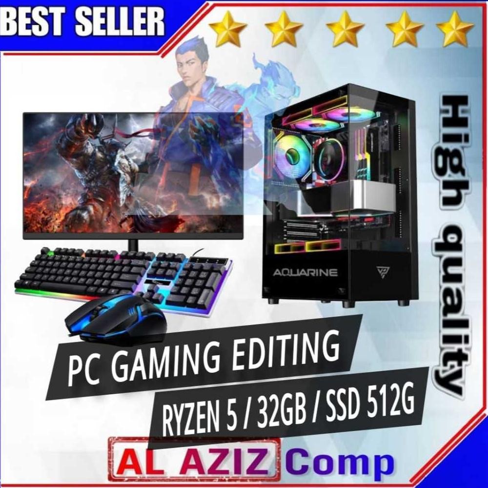 NEW PC Rakitan Gaming Fullset AMD Ryzen 5 5600G RAM 32gb SSD 512gb Lengkap LED 24 Inci Keyboard Mous