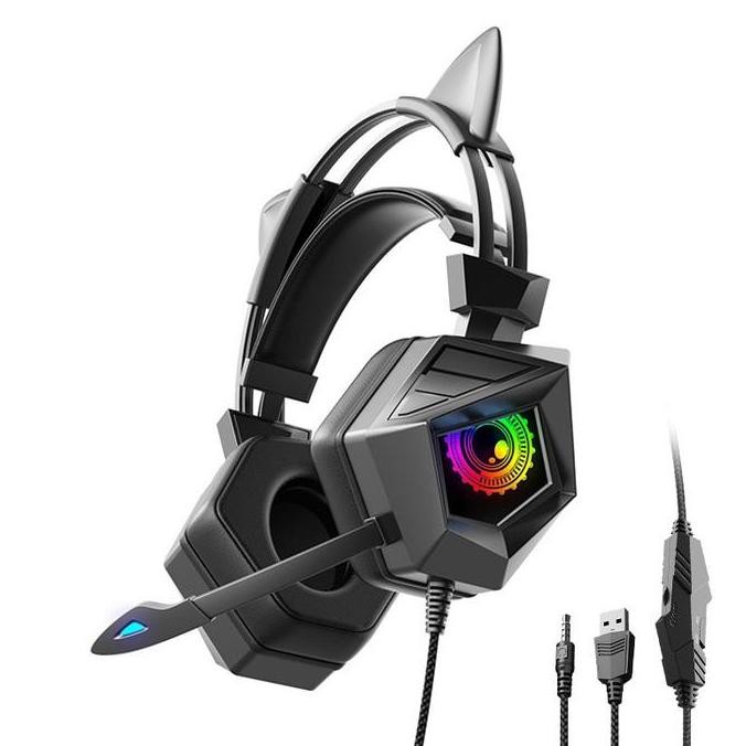 Headphone Gaming Cat Ear LED Headset Kucing Gaming Microphone