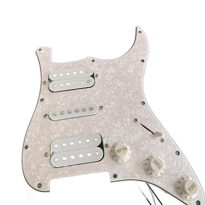 Fender Pickguard Fender Stratocaster Full Set HSH Putih Perloid dengan 3 Knop Pickup & Switch 5 Way 