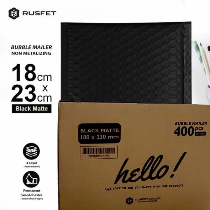 AMPLOP BUBBLE MAILER RUSFET HELLO DUS HITAM PINK TOSCA PUTIH 18X23 LAT