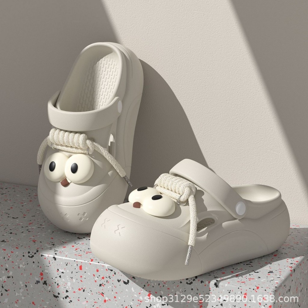 Sandal Clog Sol Tebal untuk Wanita, Anti-Selip, Mata Besar, Bantalan Pantai, Sandal Tertutup