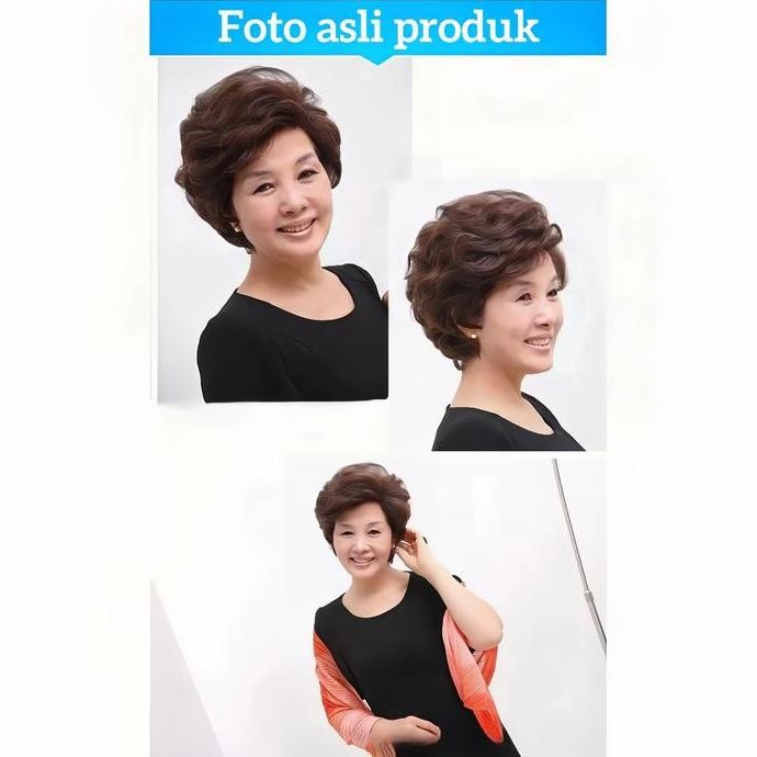 wig rambut pendek curly Rambut Palsu Wanita Asli Medium Tua Rambut Keriting Pendek Gaya Ibu Tua Ramb