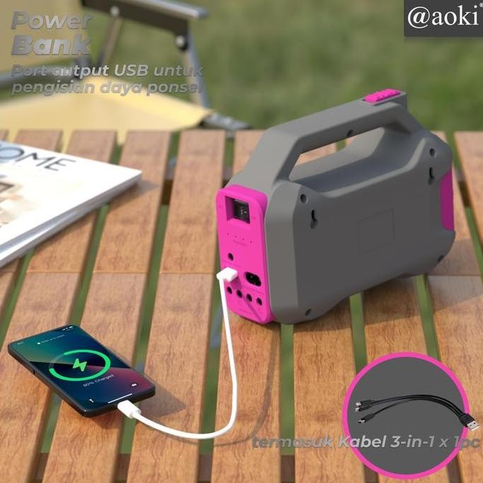 Aoki Solar Lighting Mobile Power System 8000Mah Power Bank Multifungsi Led Dc Baterai Jam Merah Pons