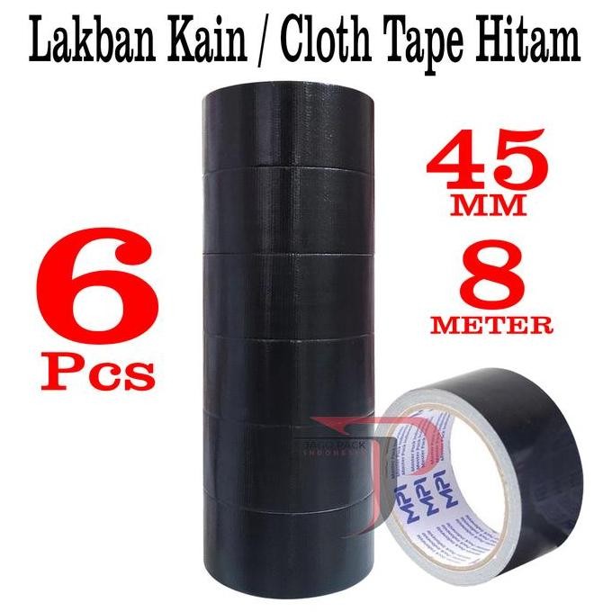 Promo 1 Slop / 6 Pcs - Lakban Kain Hitam 45 mm x 8 Meter - Cloth Tape Warna Hitam - Lakban Terpal CO