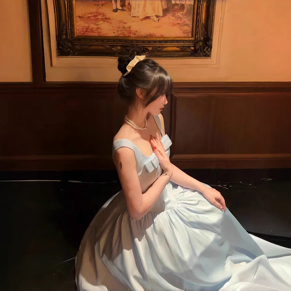 [COD]Gaun biru cantik, gaun tipis, gaun putri pita tebal, gaun ulang tahun berpinggang satin
