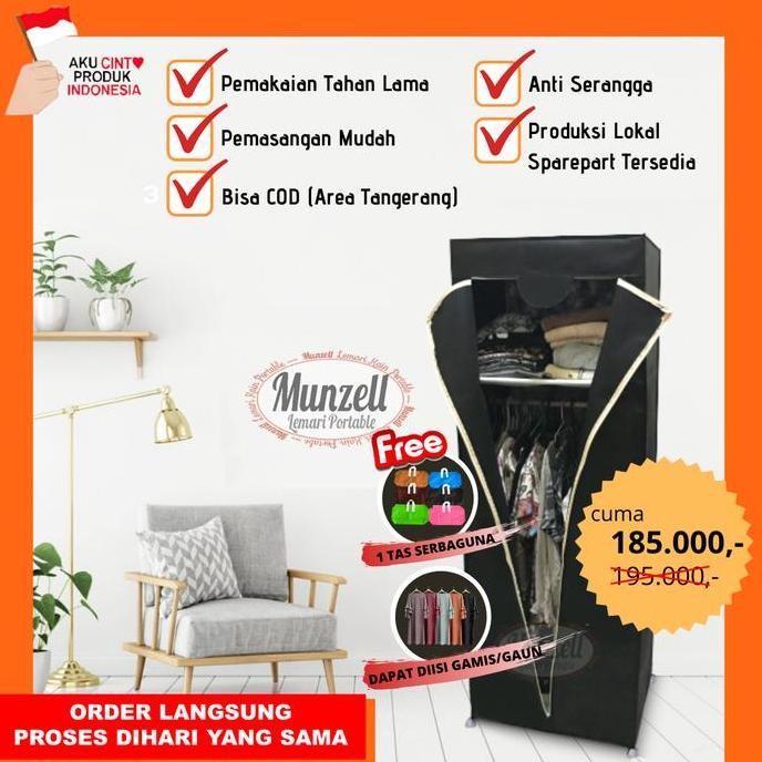 TERBARU - LEMARI BAJU/PAKAIAN MUNZELL LPF-02 BLACK. Lemari Gantung +2 Sekat