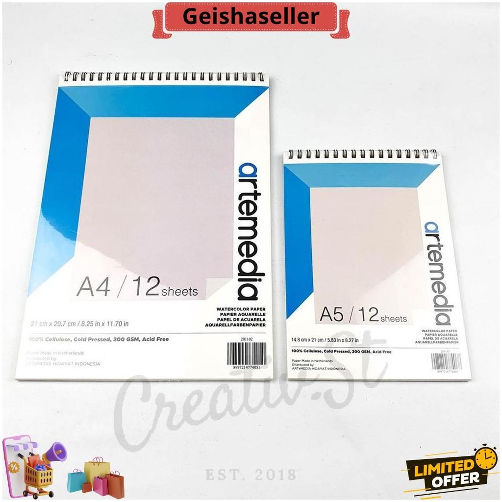 Artemedia Watercolor Book A5 A4 Wirebound Sketchbook 200 Gsm 12 Sheets Original Produk