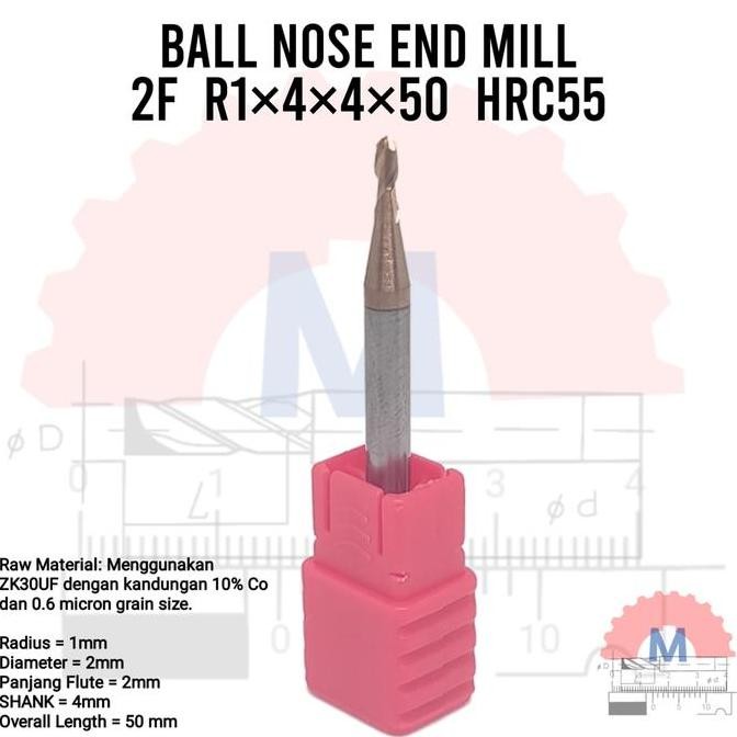 Ballnose 2Mm Hrc55 Ballmill R1 D2 Mm 2F Radius 1Mm
