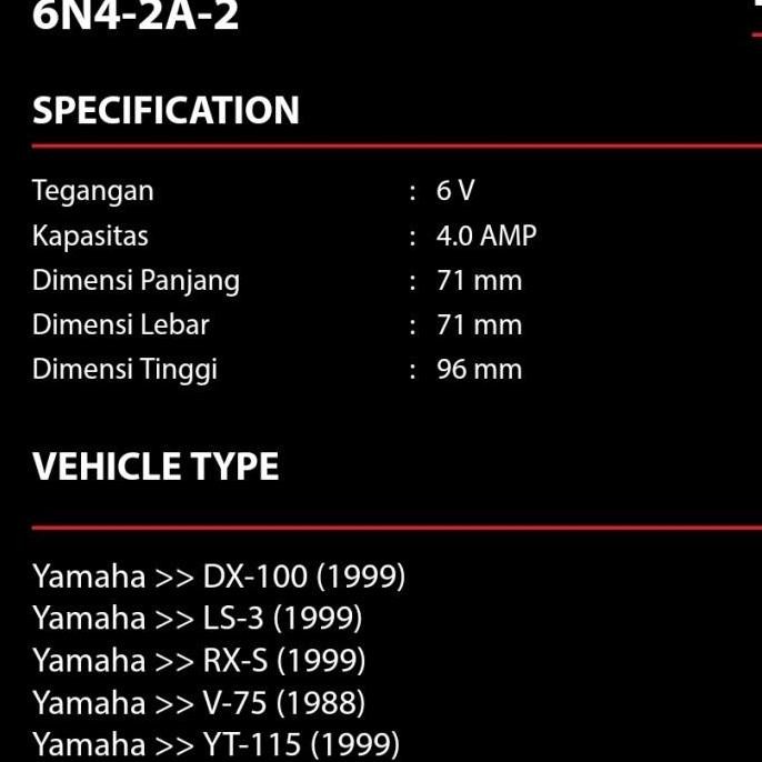 Aki Yuasa 6N4-2A-2 Motor Yamaha Dx-100, Ls-3, Rx Spesial, V-75, Yt-115