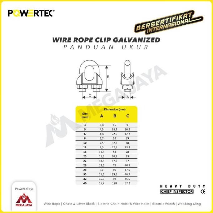 Powertec Wire Rope Clip / Klem Seling Kuku Macan Galv 30-32Mm - 1-1/4"