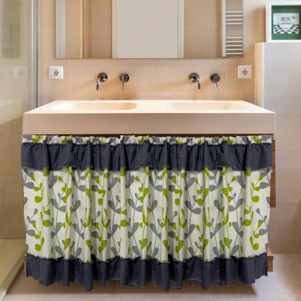 Promo - (Premium)Gorden kolong dapur motif daun hijau | Tirai kolong | Gorden minimalis | Bisa custo