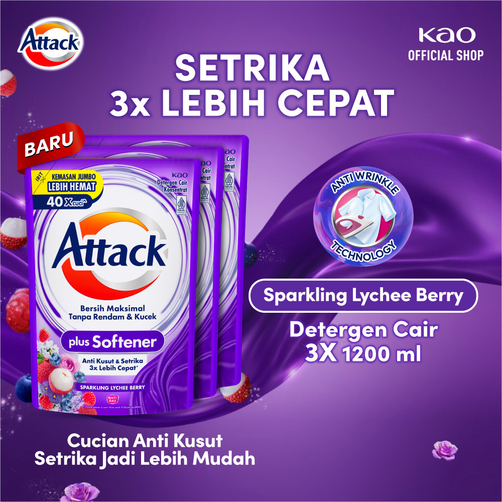 Attack Plus Softener Deterjen Cair Liquid Sparkling Lychee Berry Pouch 1200 ml Triplepack