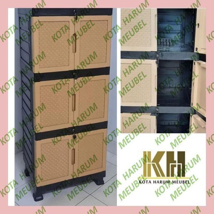 lemari plastik 3 susun polos coklat anyaman rotan gunplas pakai kunci