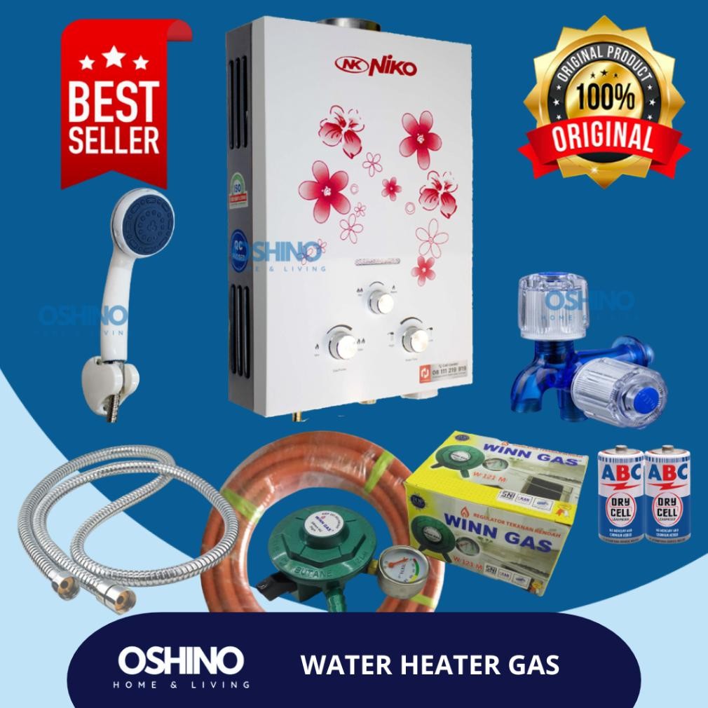 SWALLOWTAIL- Paket Set Lengkap Water Heater Pemanas Air Buat Kamar Mandi Gas Niko  Putih
