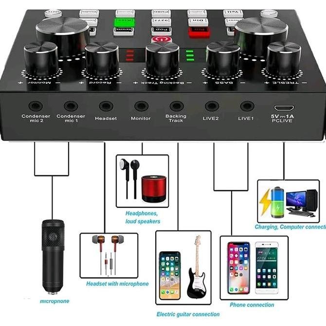 Paket Sound Card V8S Dan Mic Bluetooth Isi 2 Mic / Paket Soundcard V8S