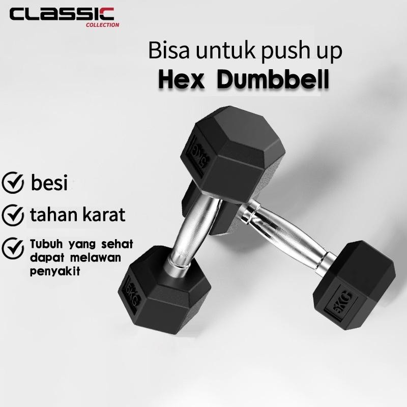 Barbel Karet Segi Enam 5 Kg /Hex Rubber Dumbell Hitam 5 Kg/Dumbell Karet Hexagonal 5 Kg