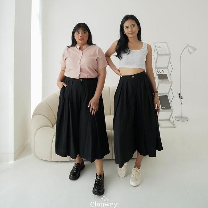 Clouwny Jenna Cullotes Pant Rok Celana Kulot Wanita High Waist Premium Linen Kantong Karet  Panjang 