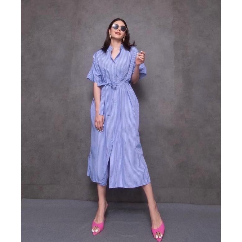 New! midi dress lengan pendek / dress casual wanita lengan pendek / stripe dress midi ,.