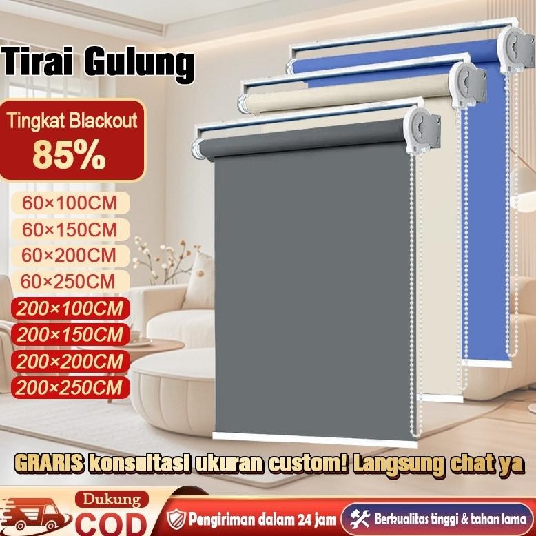 Roller Blind Premium Blackout 85%  Dengan Rel Kepala - Tirai Gulung Kedap Air & Anti UV Terbaik Untu