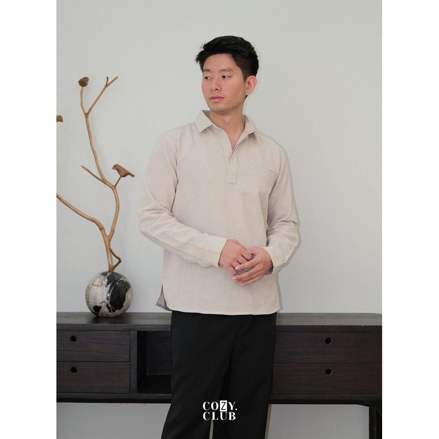 DE176 >> Linen Longsleeve Polo | Kaos Kerah Pria Linen Lengan Panjang | 191