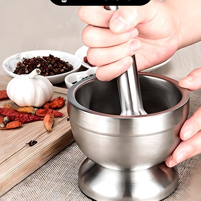 Cobek Stainless Ulekan Stainless Tumbukan Bumbu Dapur Dengan Tutupmortar Pestle Tumbukan Bumbu Stain
