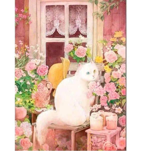 paket kristik mawar dan kucing meong cute cat pola kain cross stitch 11ct polos 14ct