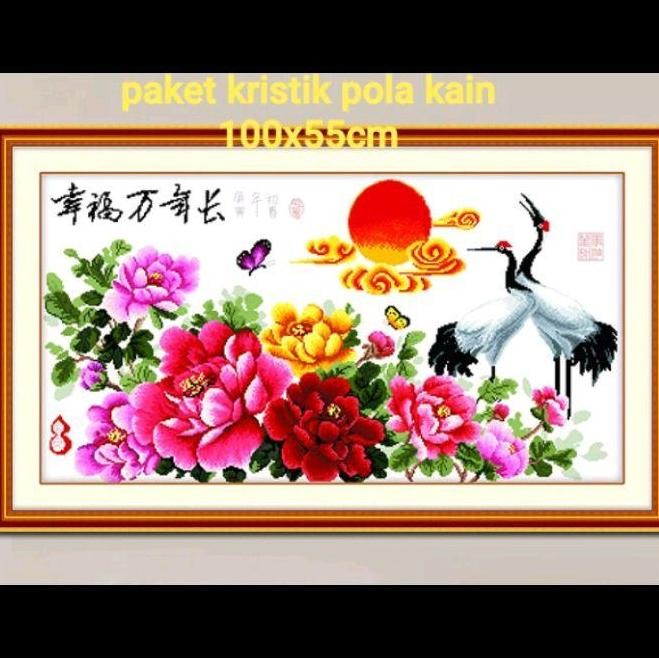 DIY paket kristik bangau dan bunga peoni mawar pola kain cross stitch kit