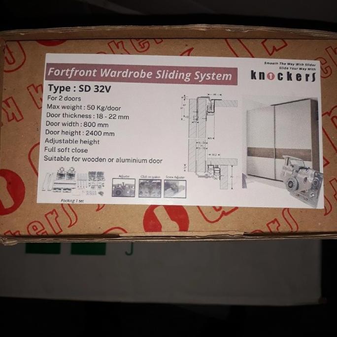 Roda dan rel sliding KNOCKERS SD 32V 2 pintu soft close + Rel 250 cm