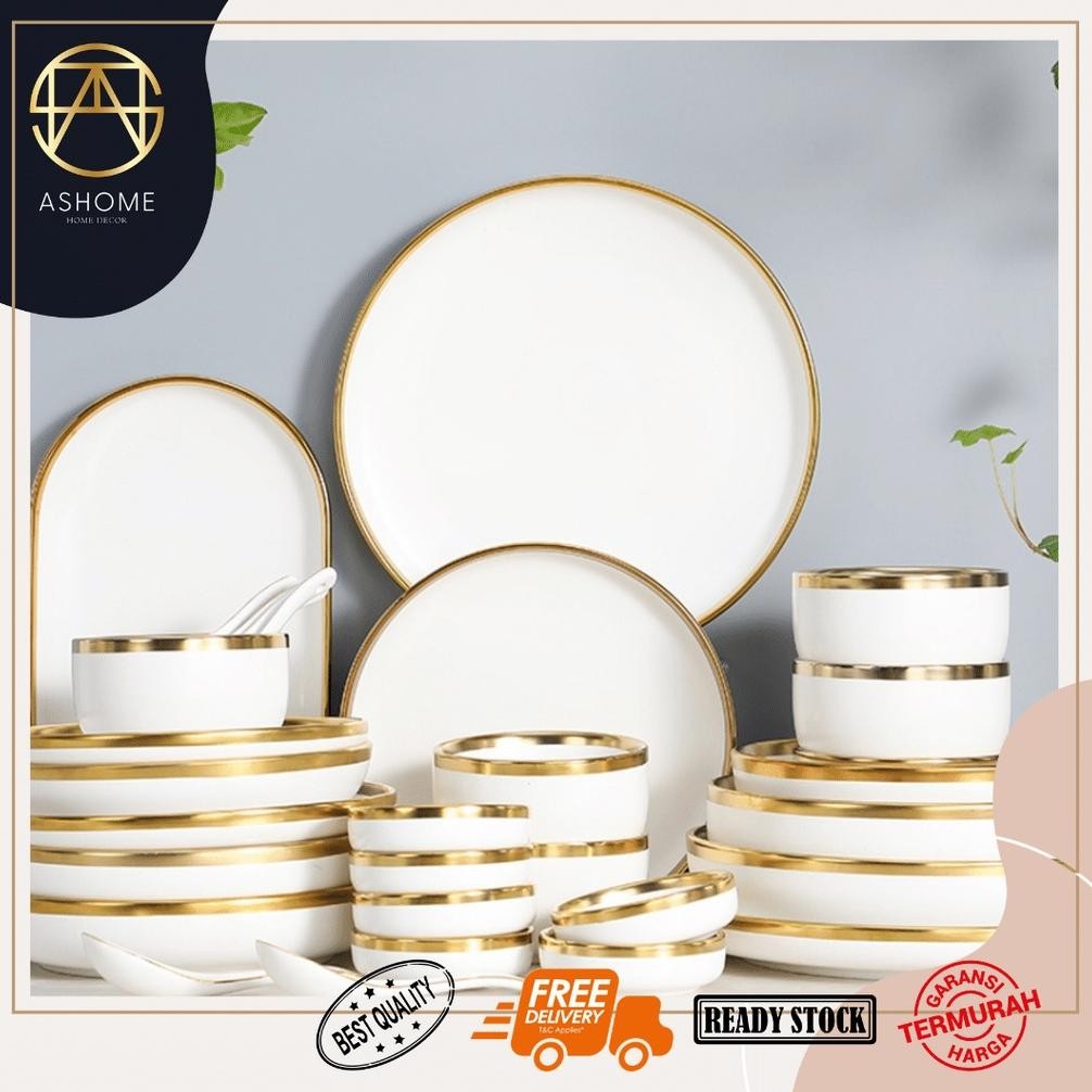 ASHOME Piring Set 6 Orang Keramik List Gold Elegan Lengkap 26 Pcs / Piring Set Keramik List Emas / P