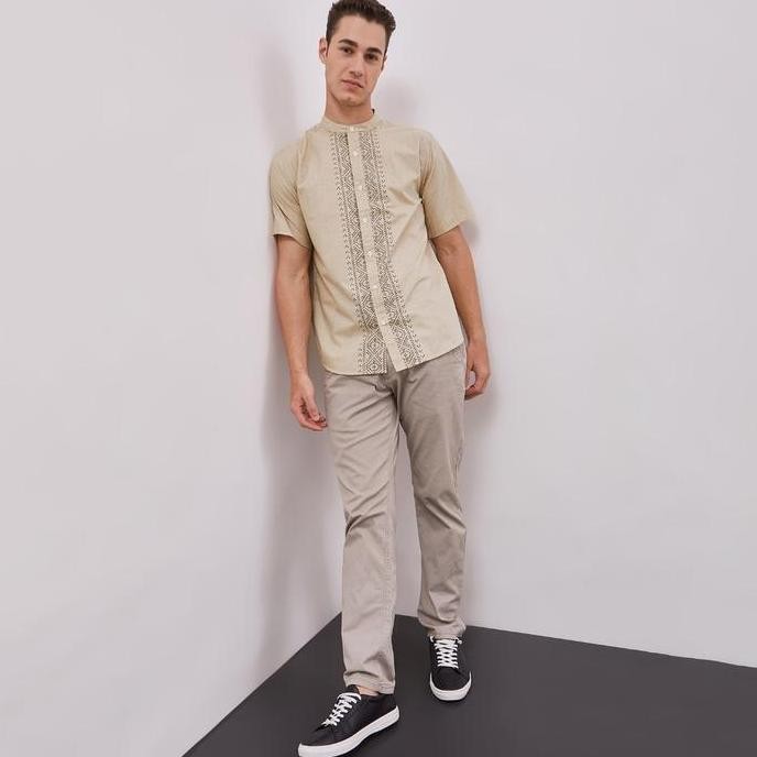 Cle Baju Koko Lengan Pendek Pria Premium Reguler - Katun Cream Bordir Motif - Pakaian Muslim Pria