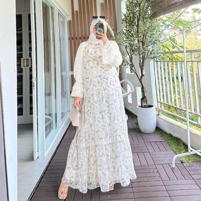 Avr Yuki Dress Motif Bunga Kecil 50321 Bahan Silky Shine Gamis Wanita Muslim Panjang Dewasa Non Busu
