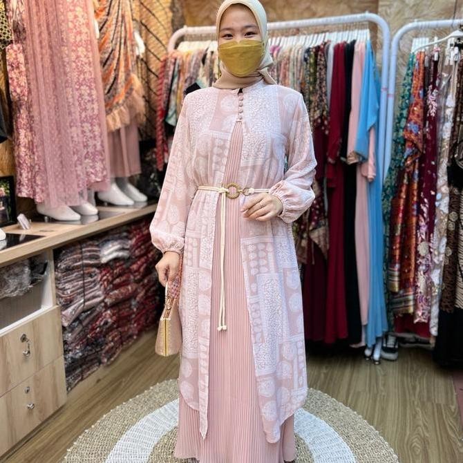 Set Gamis Ceruti Motif Plisket Gies Wanita Muslim Ceruty Outer Formal Dress Panjang Mewah Layer