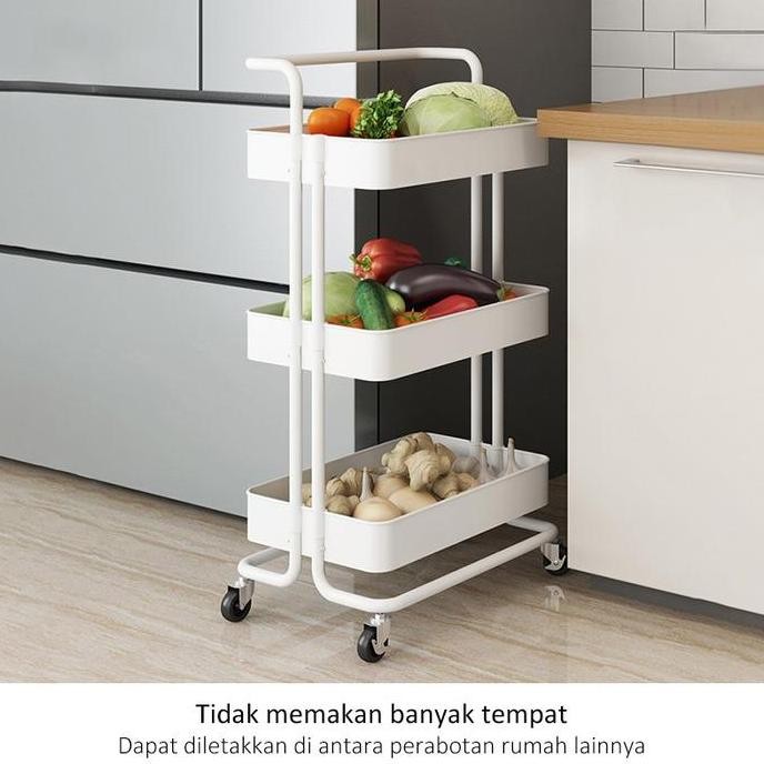 PUTIH Rak roda susun 3 keranjang troli dapur kamar salon meja snack