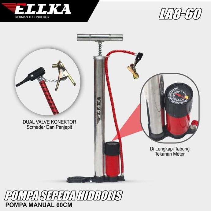 jhonxie- ELLKA Pompa Sepeda Manual Merah Pompa ban/bola terdapat indikator tekanan angin
