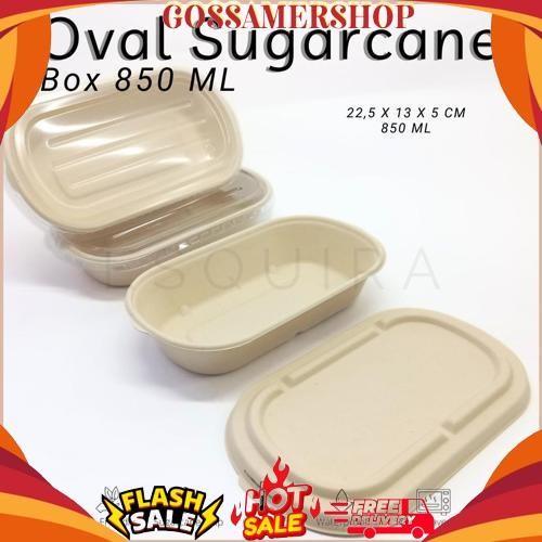 New Oval Sugarcane Box 850 ML / Lunch Box 10 Pcs + Lid / TAB850