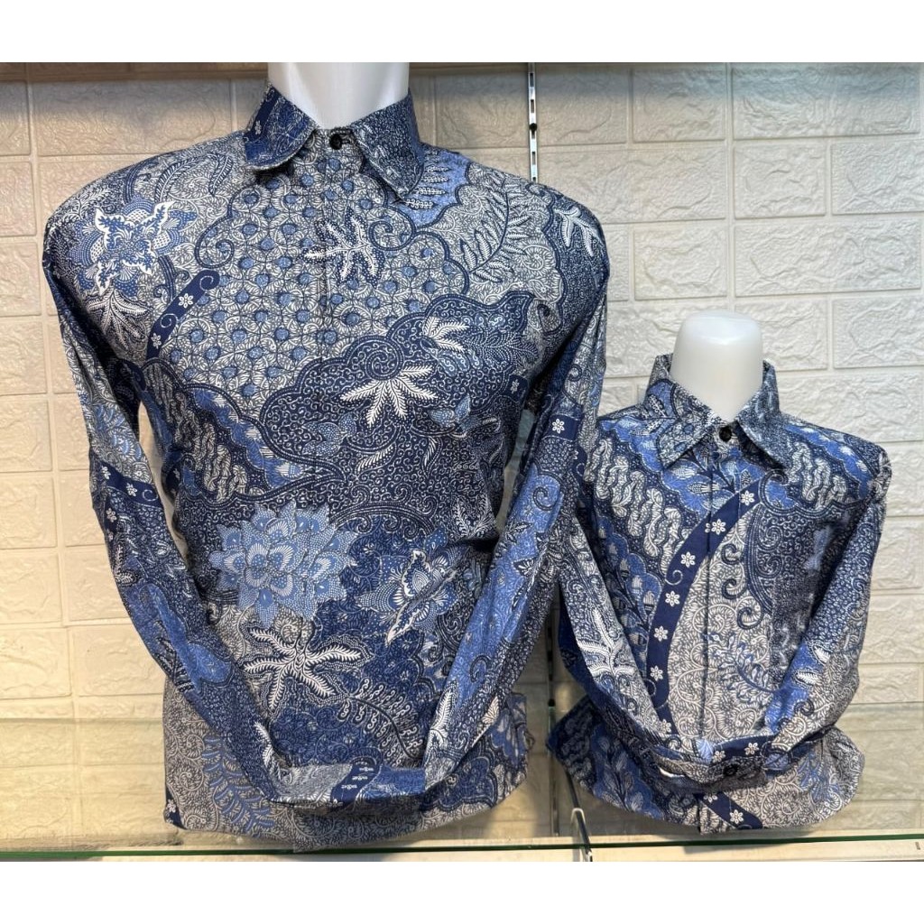 batik couple ayah dan anak new biru muda bahan katun solo premium tangan panjang  lapisan furing kat