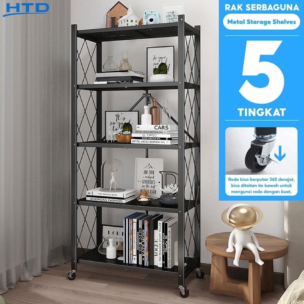 Rak Besi Susun Lipat 5 Tingkat Roda Multifungsi Rak Portable Dapur