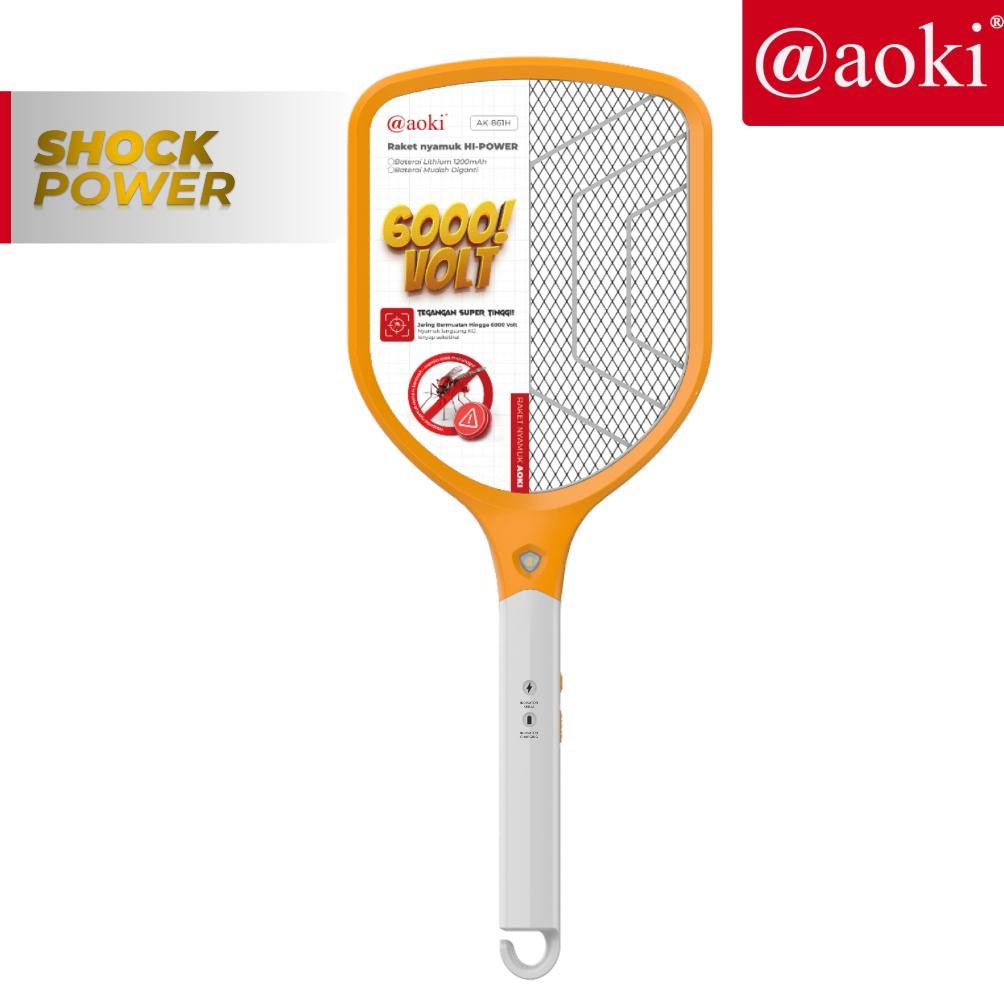 AOKI Raket Nyamuk Rechargeable Tegangan Tinggi 6000V Baterai Bisa Diganti Baterai Lithium 1200mAh