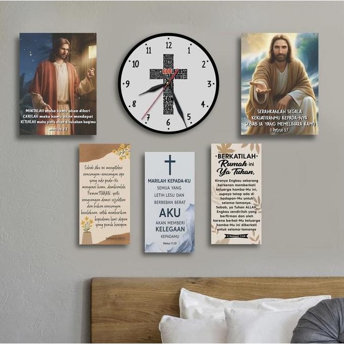 DF178>> Hiasan dinding kayu + 5 pcs Hiasan dinding Yesus Kristen ayat alkitab