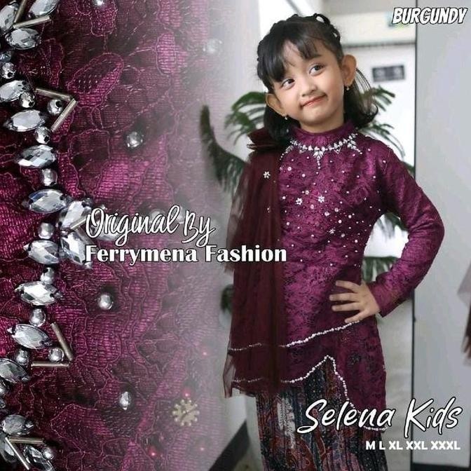 DF258>> BEST SELLER  SETELAN DAN ATASAN BAJU KEBAYA SELENA BROKAT ANAK SELENDANG PAYET TILLE MIX ROK