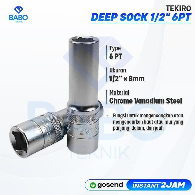 Tekiro Mata Sok 8 Mm Panjang Deep Wall Socket 1/2 6 Pt Mata Kunci Shock 8 Mm Mata Sock Panjang 8 Mm 